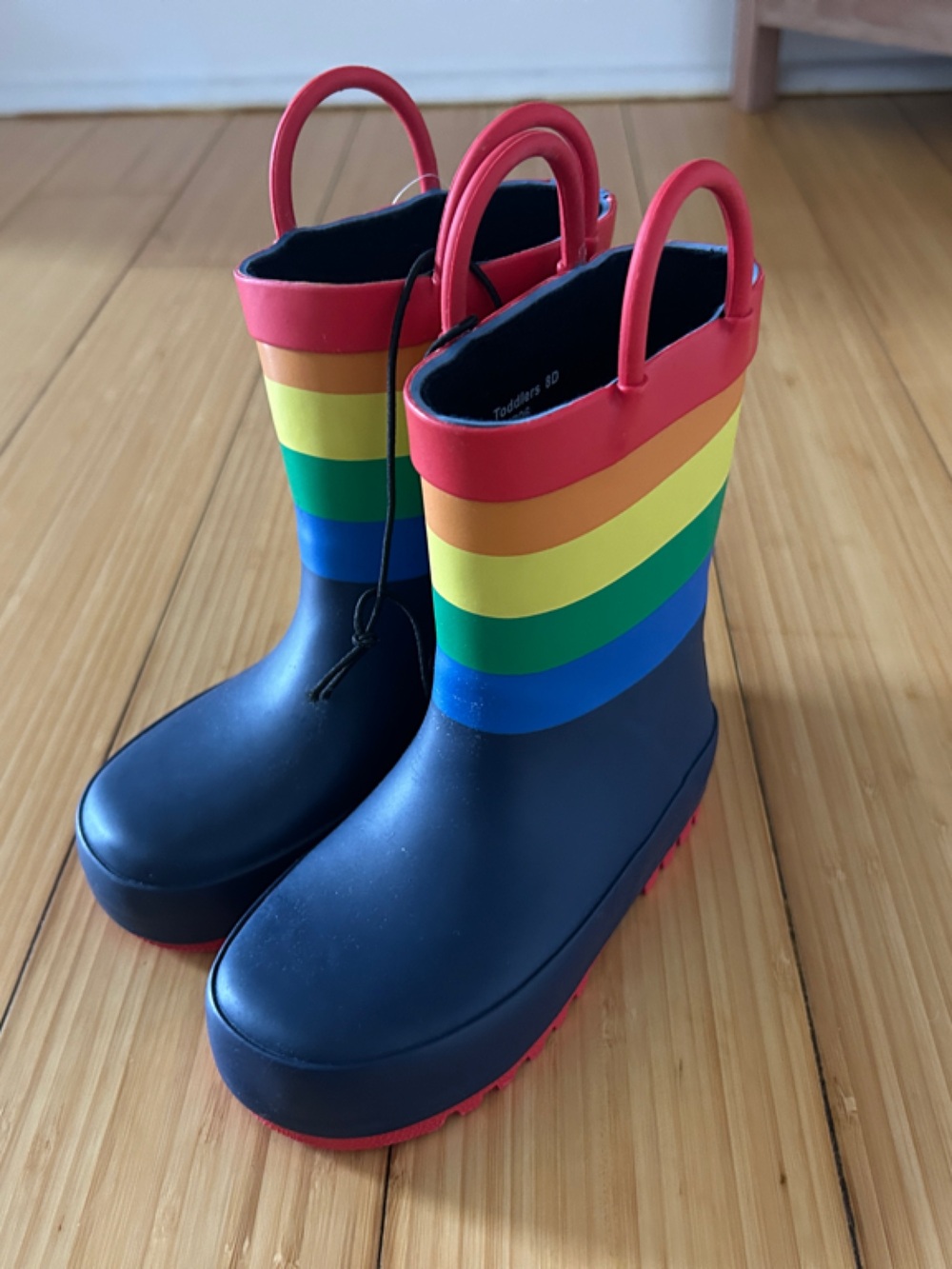 Toddler Navy Rain Boots with Rainbow Stripes